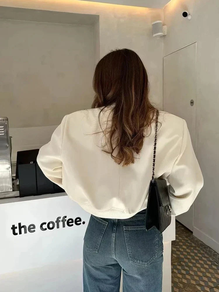 Women's Stylish Lightweight Bomber Jacket with Button Closure, Long Sleeves, Ribbed Cuffs & Hem, and Convenient Pocket Details