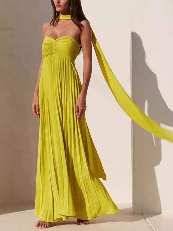 Timeless Simple Elegant Look Tube Dress with Pleats and Ribbon