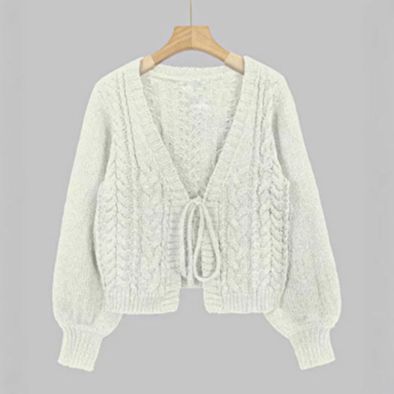 Cozy Vintage Chunky Tie-Front Cardigan with Long Sleeves