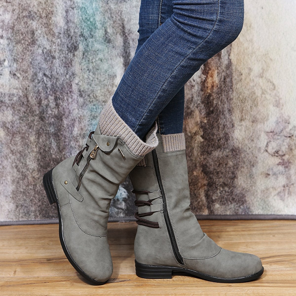 Stylish Women's Boots with Side Zipper and Flat Heel