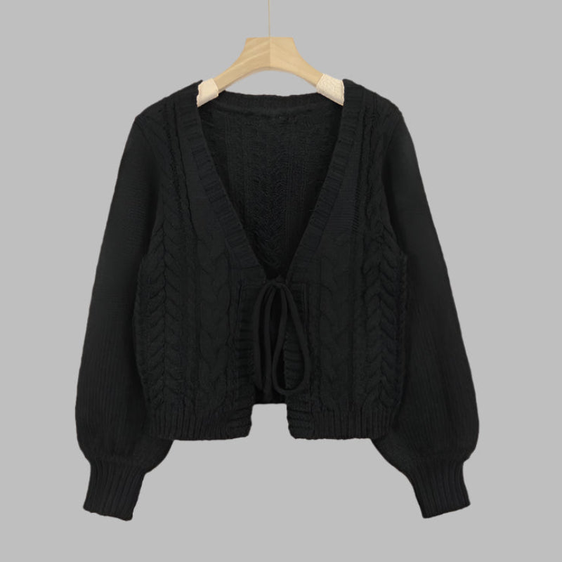 Cozy Vintage Chunky Tie-Front Cardigan with Long Sleeves