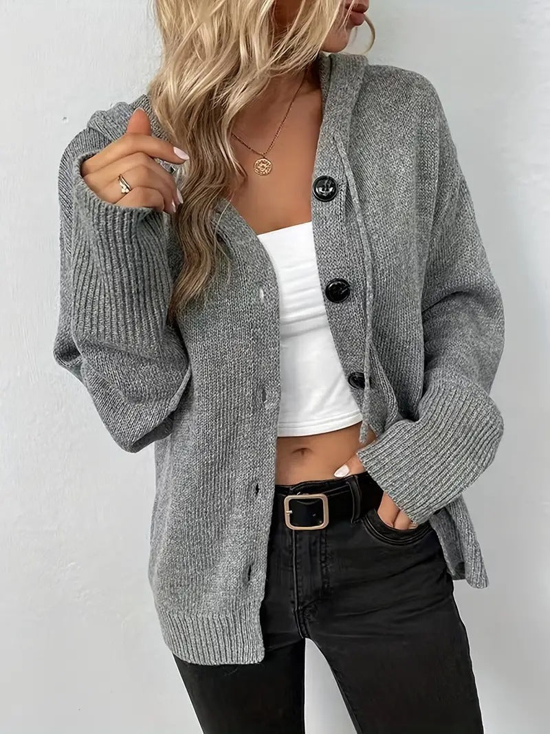 Cozy Plain Button-Front Hooded Cardigan - Soft Everyday Comfort