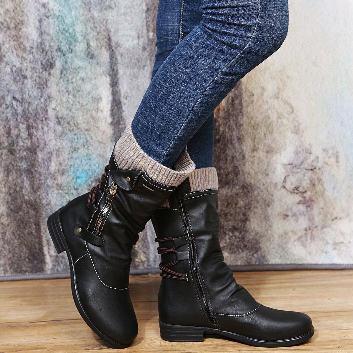 Stylish Women's Boots with Side Zipper and Flat Heel