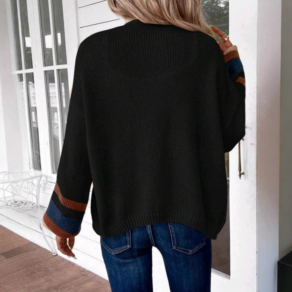 Cozy Open-Front Striped Lantern-Sleeve Cardigan