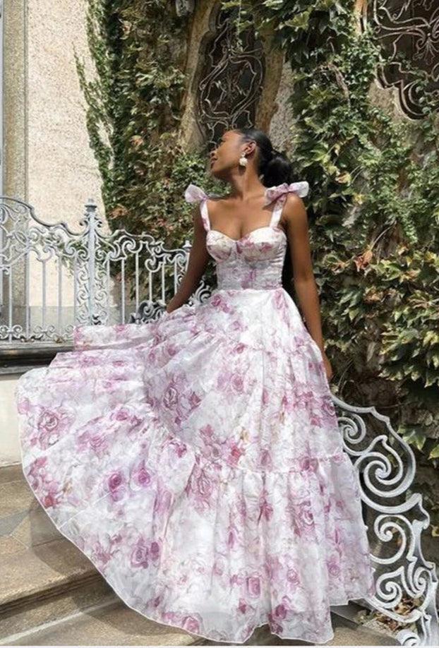 Maxi Organza Dress with Floral Print and Bow Straps