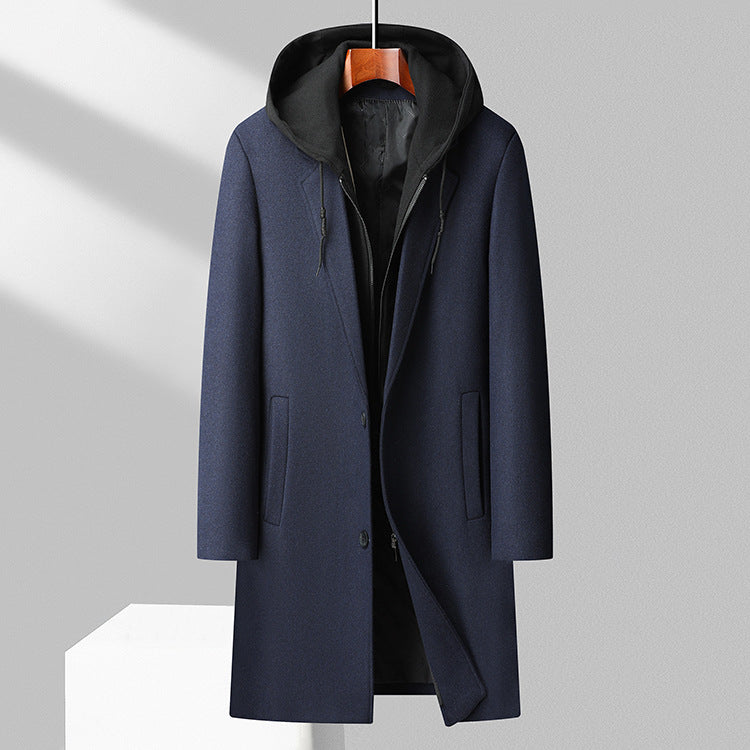 Men's Stylish Long Wool Blend Coat with Hood and Classic Button Front