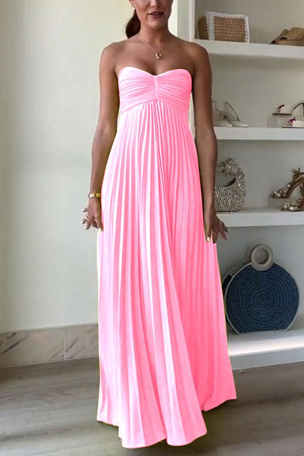 Simple Elegant Look Tube Dress with Pleats and Ribbon