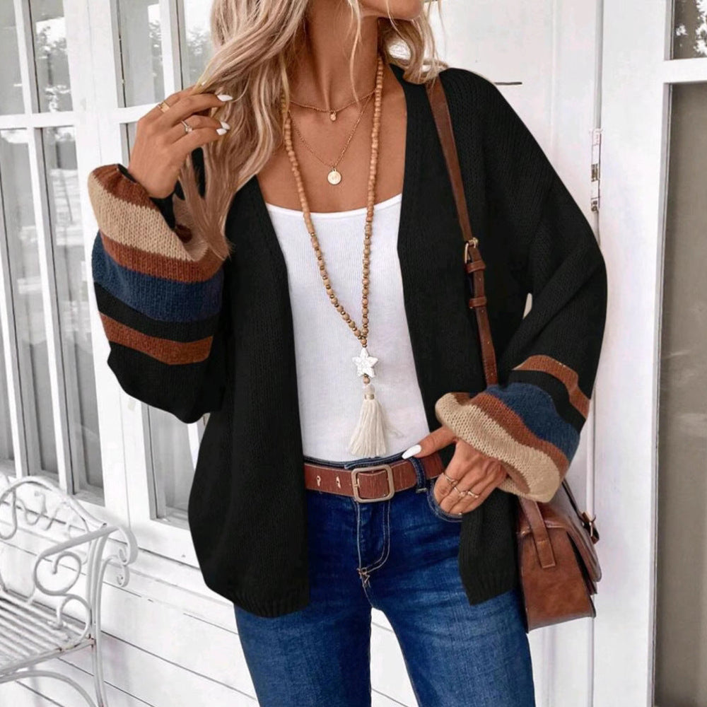 Cozy Open-Front Striped Lantern-Sleeve Cardigan