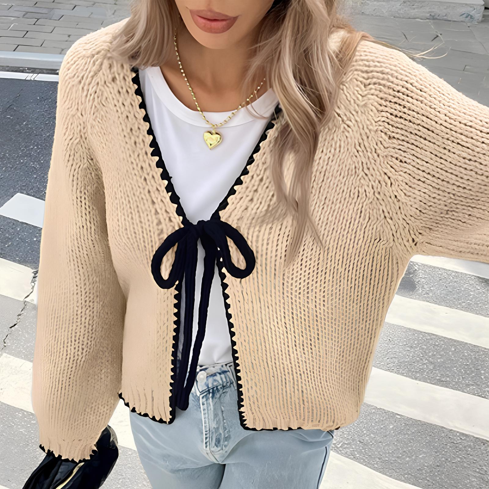 Chic Long-Sleeve Open-Front Cardigan with Ribbon Detail