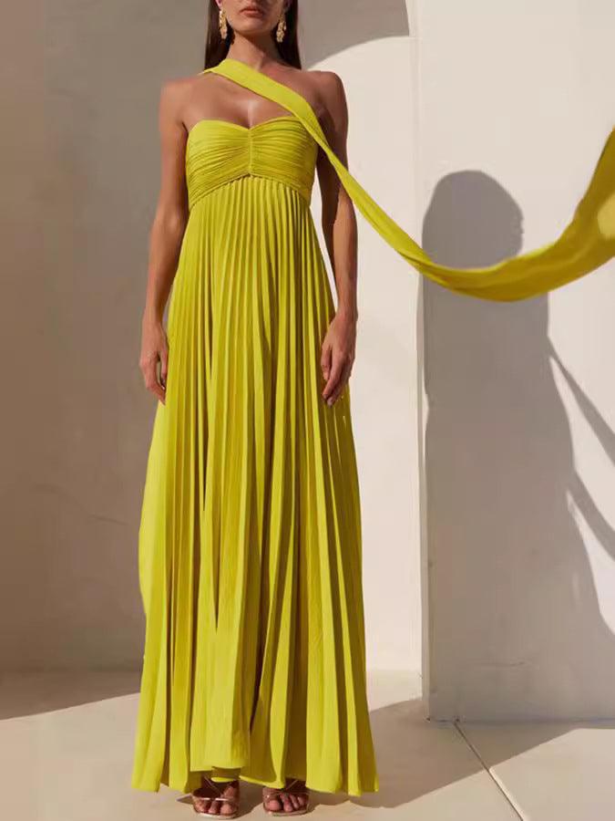 Timeless Simple Elegant Look Tube Dress with Pleats and Ribbon