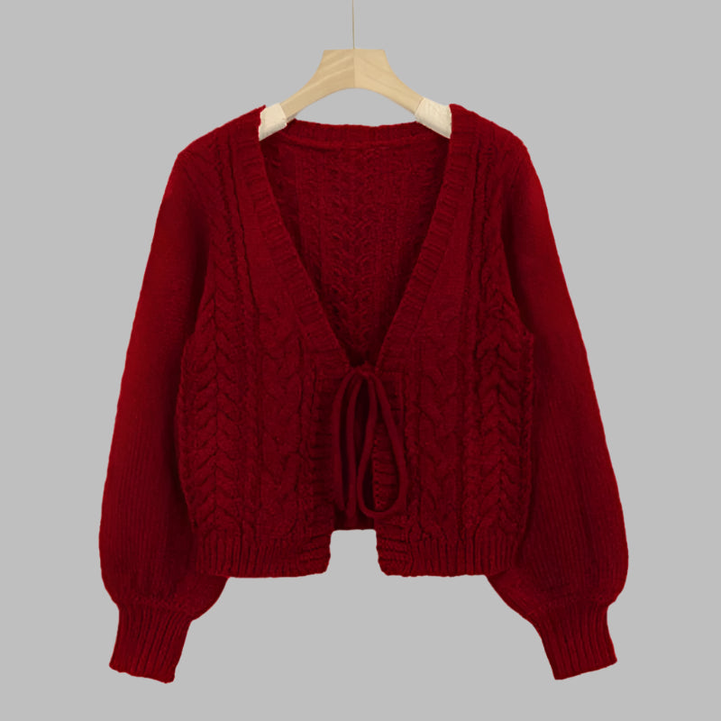 Cozy Vintage Chunky Tie-Front Cardigan with Long Sleeves
