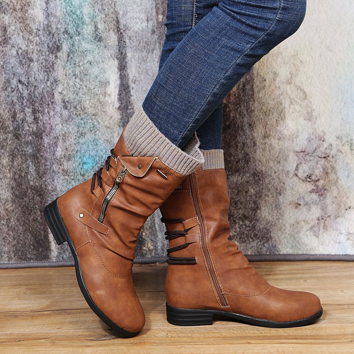 Stylish Women's Boots with Side Zipper and Flat Heel