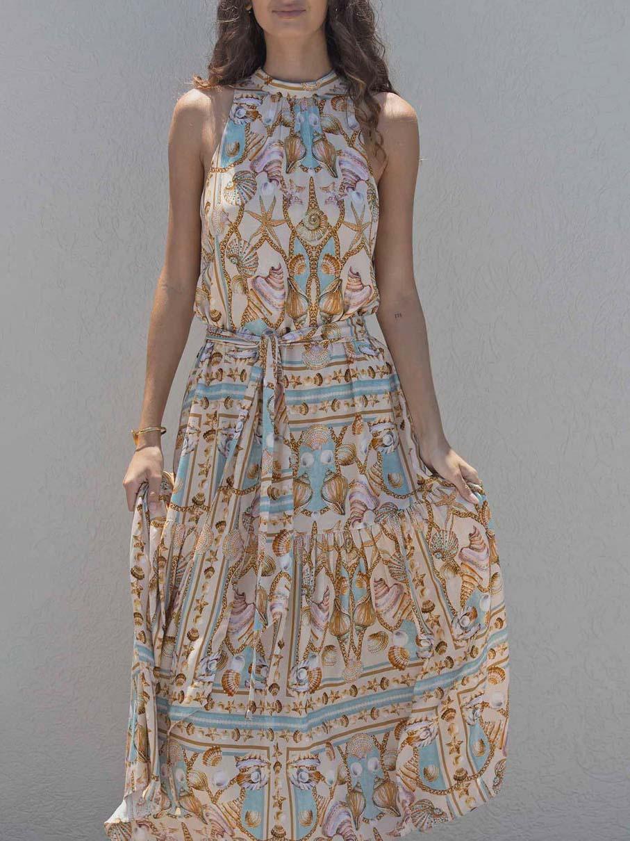Elegant Satin Maxi Dress with Marine Treasure Pattern