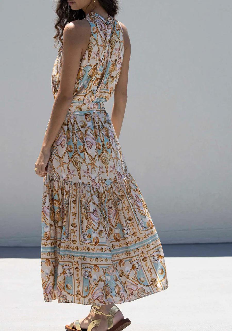 Elegant Satin Maxi Dress with Marine Treasure Pattern