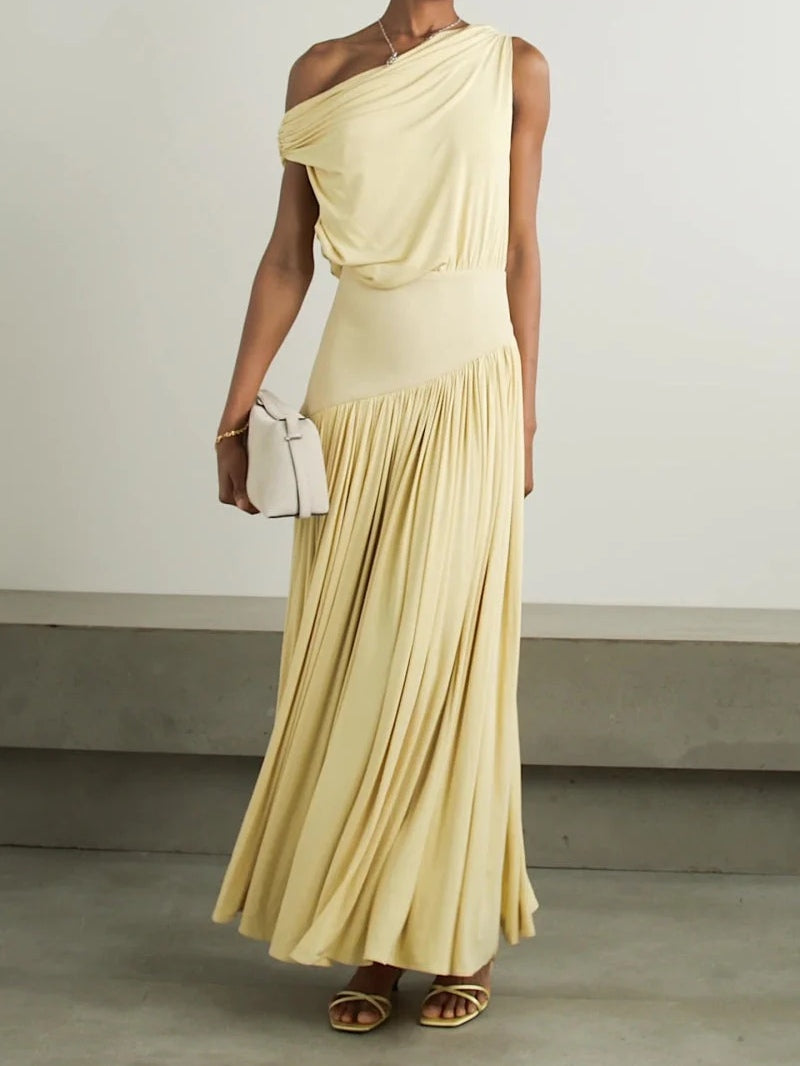 Elegant off-shoulder long dress with diagonal neckline