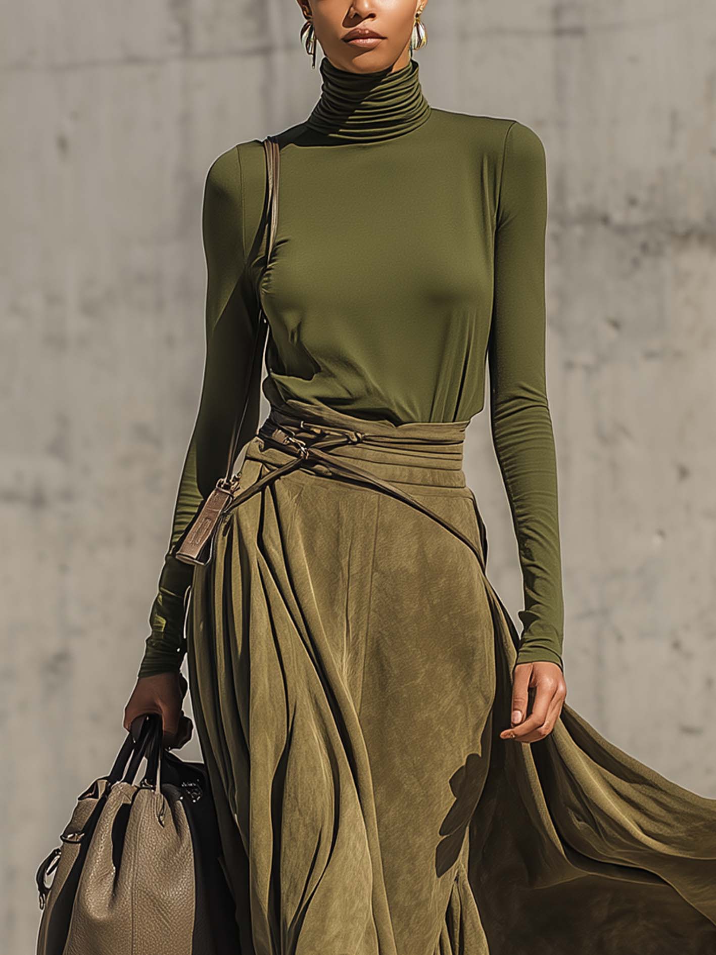 Olive Green Stretch Turtleneck Top & Faux Suede Maxi Skirt Set (Includes Belt)