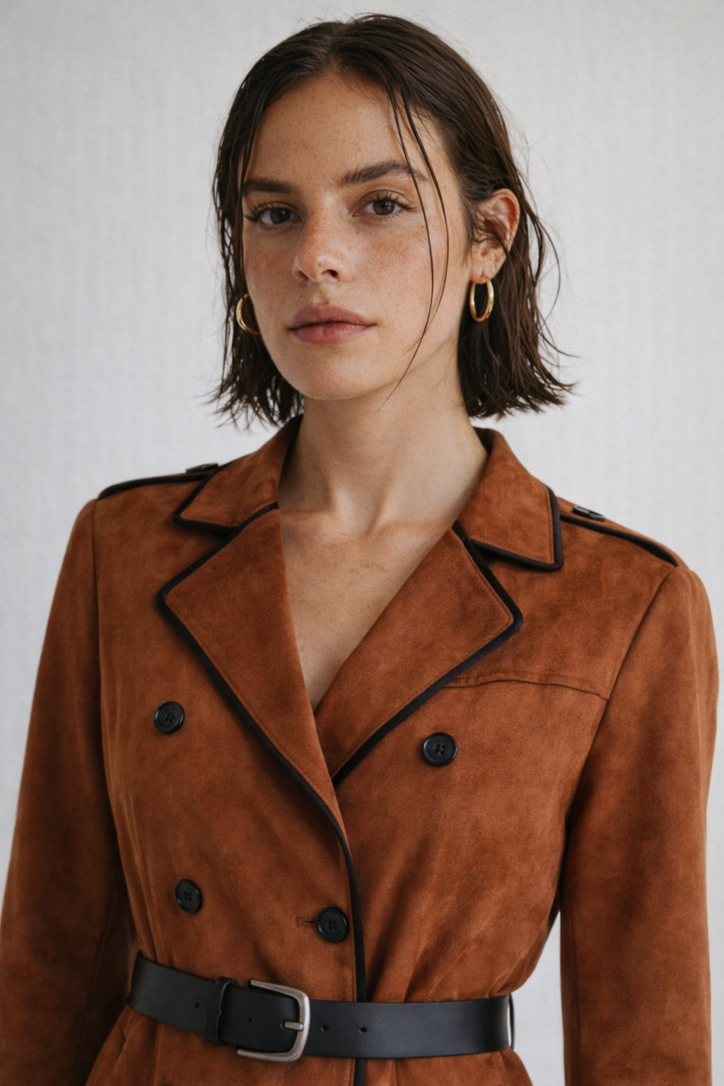 Coat with double-breasted collar and trim with black edging