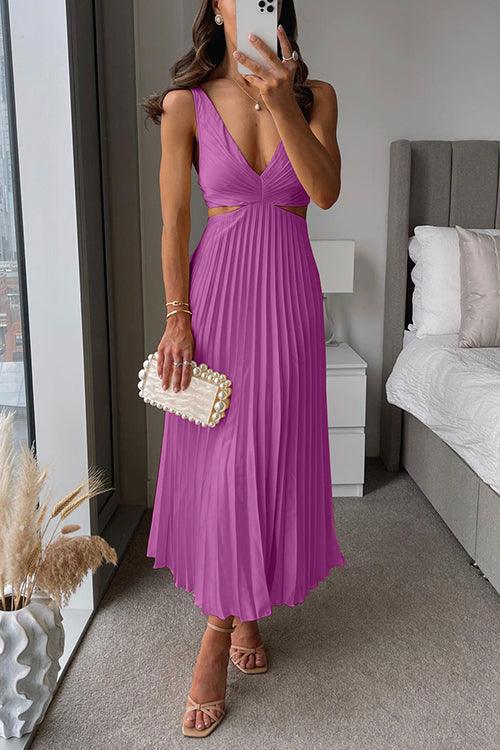 Maxi dress with V-neckline, cut-out waist, and sleeveless pleated design