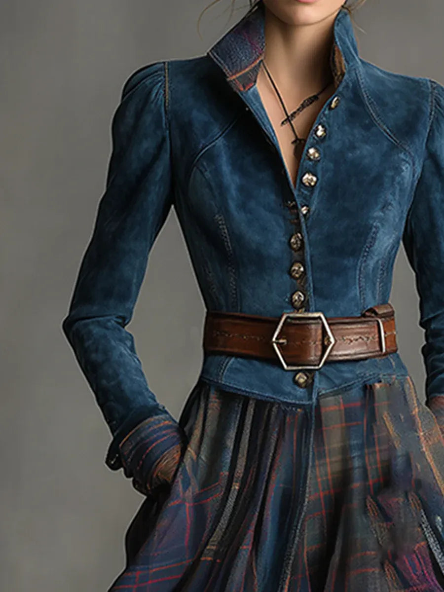 Retro Ethnic Maxi Dress in Faux Blue with Plaid Patterns (Belt Included)