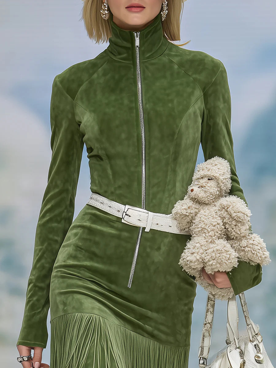 Elegant green faux suede dress with high collar, zipper, and floral detail (belt included)