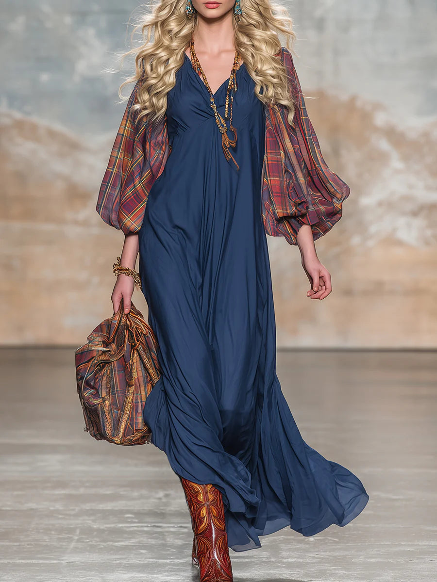Red Plaid Maxi Dress with Retro Western Style and Blue Patchwork Sleeves