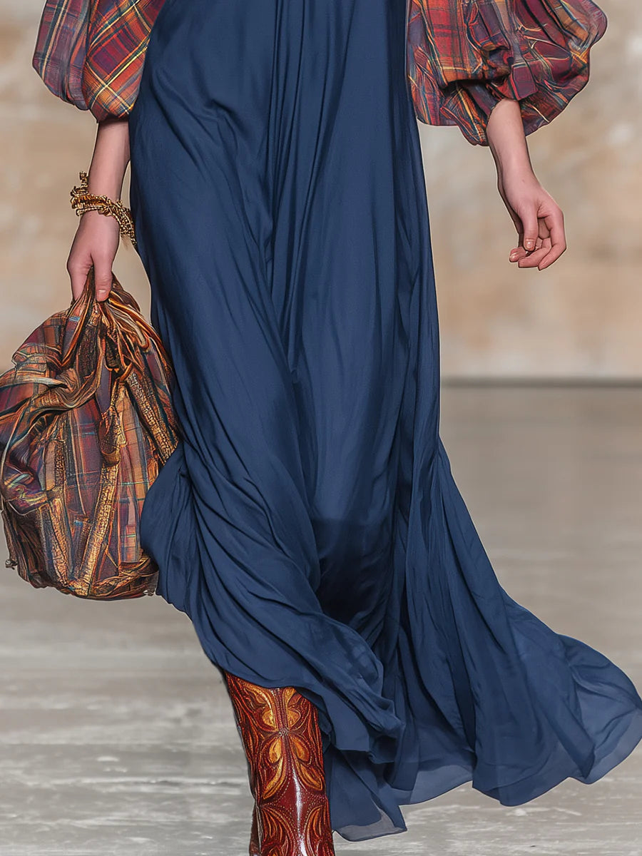 Red Plaid Maxi Dress with Retro Western Style and Blue Patchwork Sleeves
