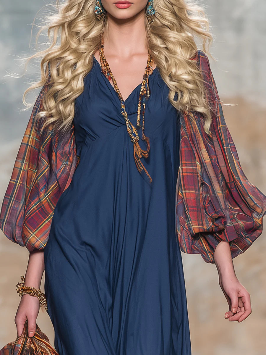 Red Plaid Maxi Dress with Retro Western Style and Blue Patchwork Sleeves