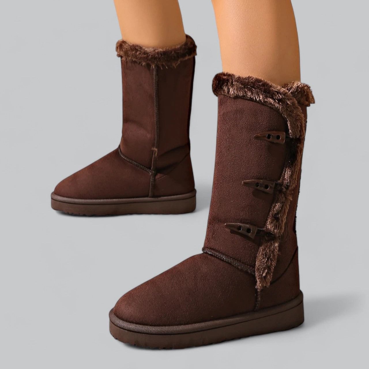 Women's casual mid-calf snow boots with flat heel and horn buckle