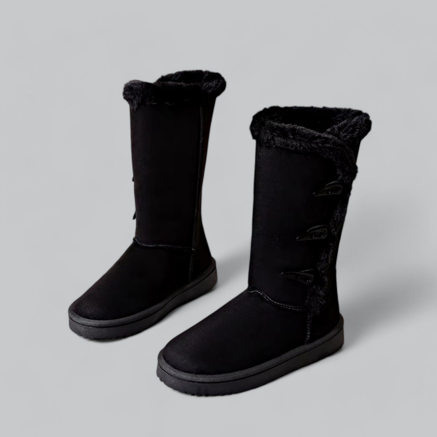 Women's casual mid-calf snow boots with flat heel and horn buckle