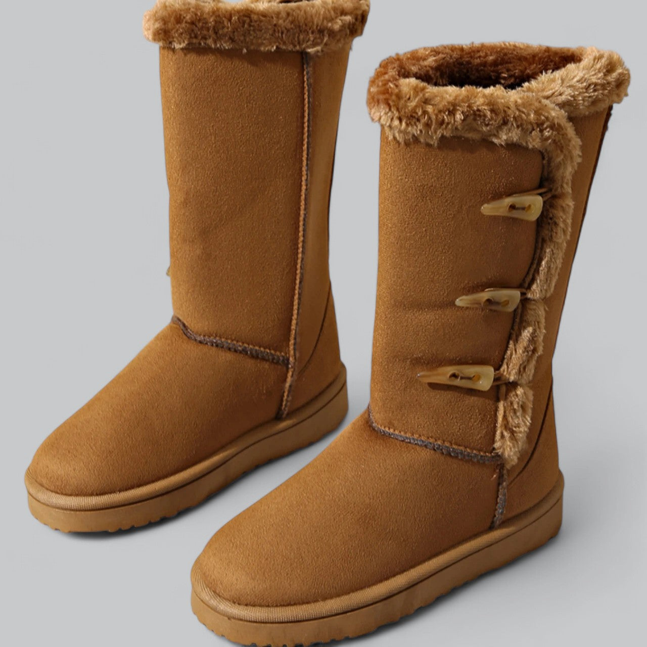 Women's casual mid-calf snow boots with flat heel and horn buckle