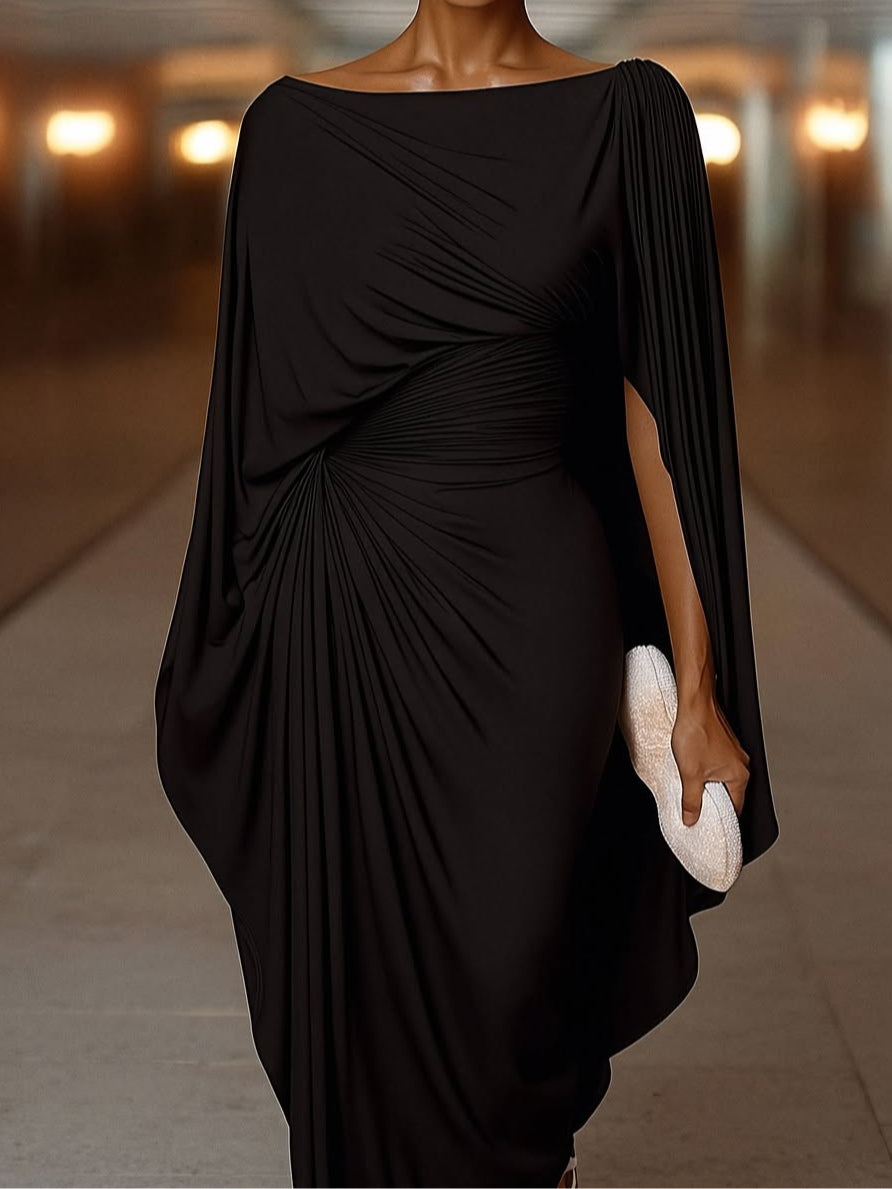 Slim-fit Long Dress with Irregular Pleats and Elegant Draping