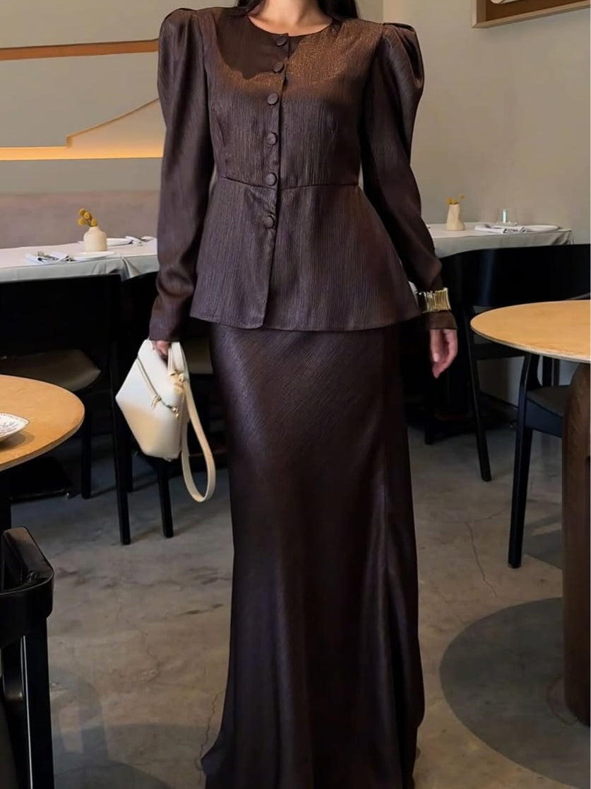 Round-Neck Buttoned Puff-Sleeve Skirt Suit
