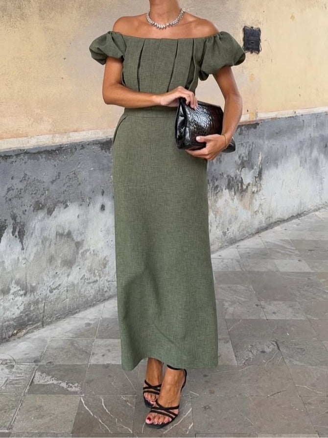 Chic one-shoulder puff sleeve pleated dress for elegant occasions