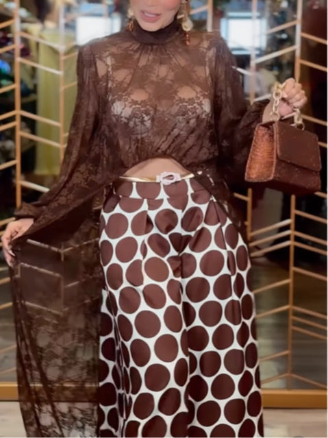 Brown Lace Robe-Top and Polka Dot Trousers Set – Elegant Loungewear Ensemble