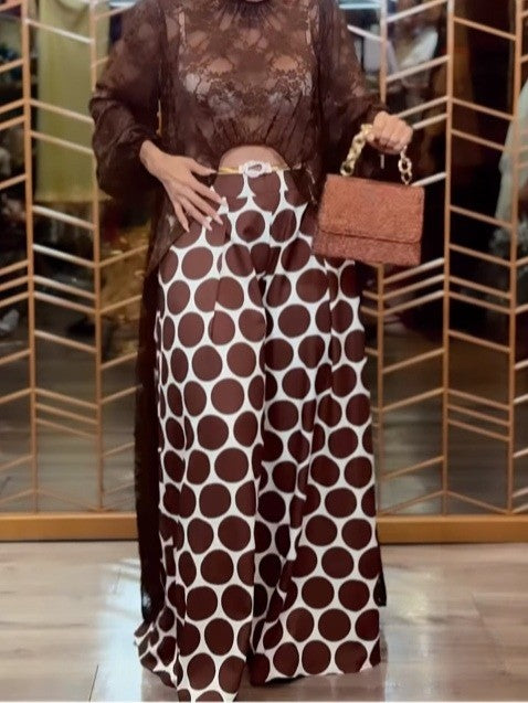 Brown Lace Robe-Top and Polka Dot Trousers Set – Elegant Loungewear Ensemble