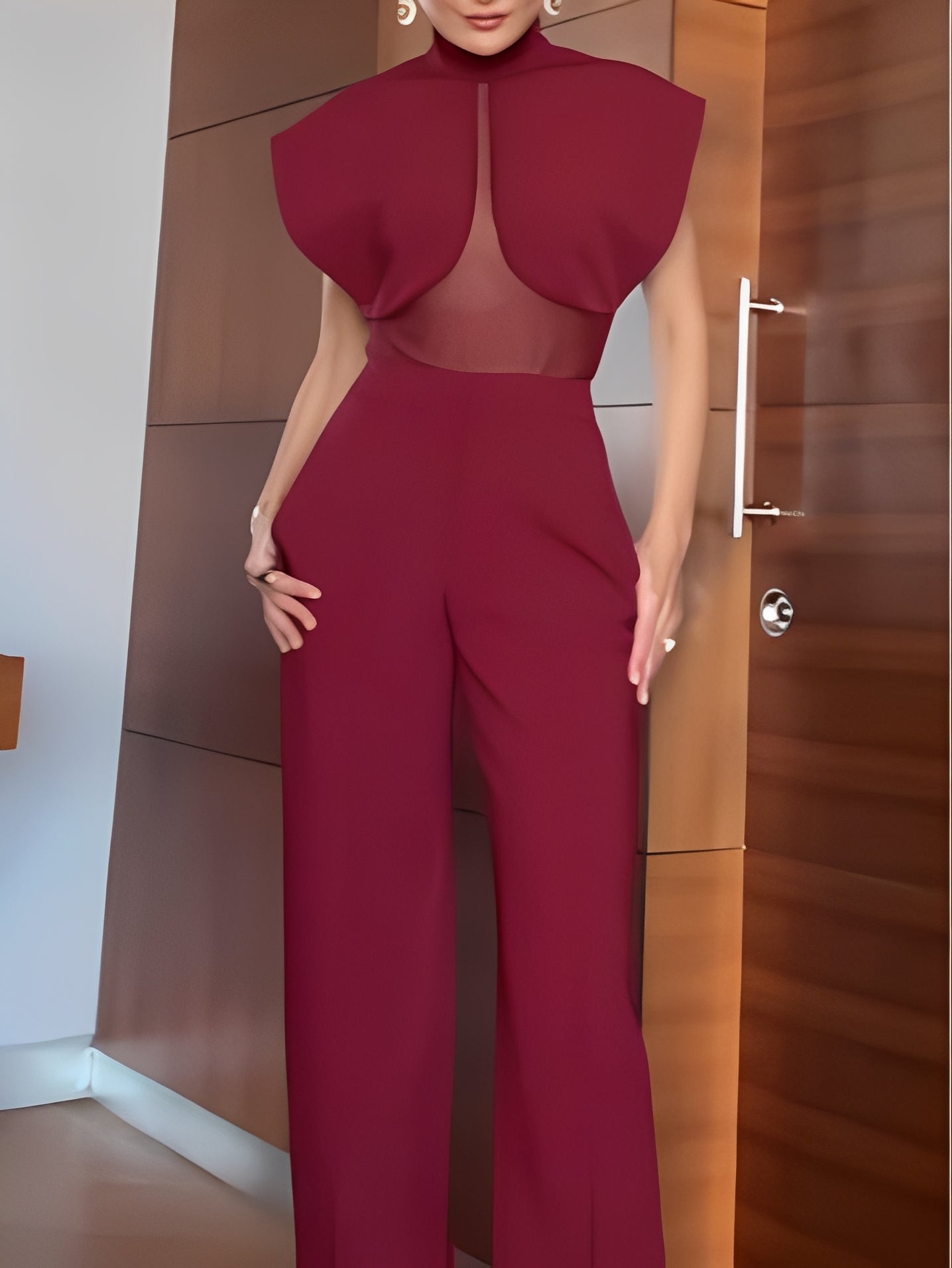 Burgundy Patchwork Sheer Mesh Top & Trousers Set – Bold, Elegant Two-Piece Ensemble
