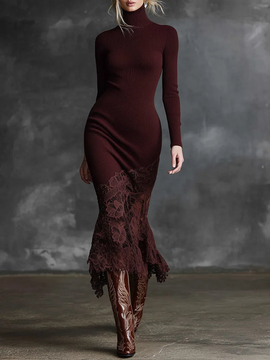 Chic Burgundy Maxi Dress with High Neck and Delicate Lace Hem