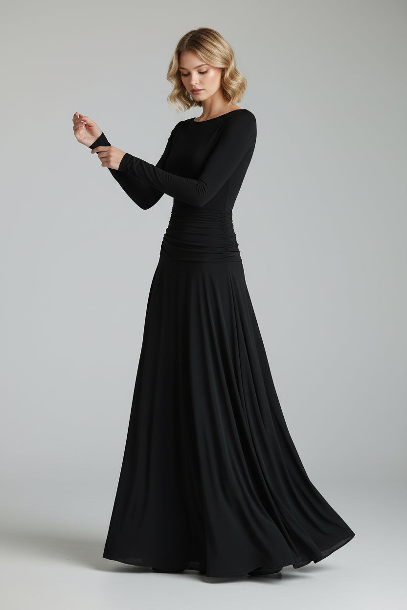 Elegant Black Crepe Pleated Boat Neck Maxi Dress for a Modern Look