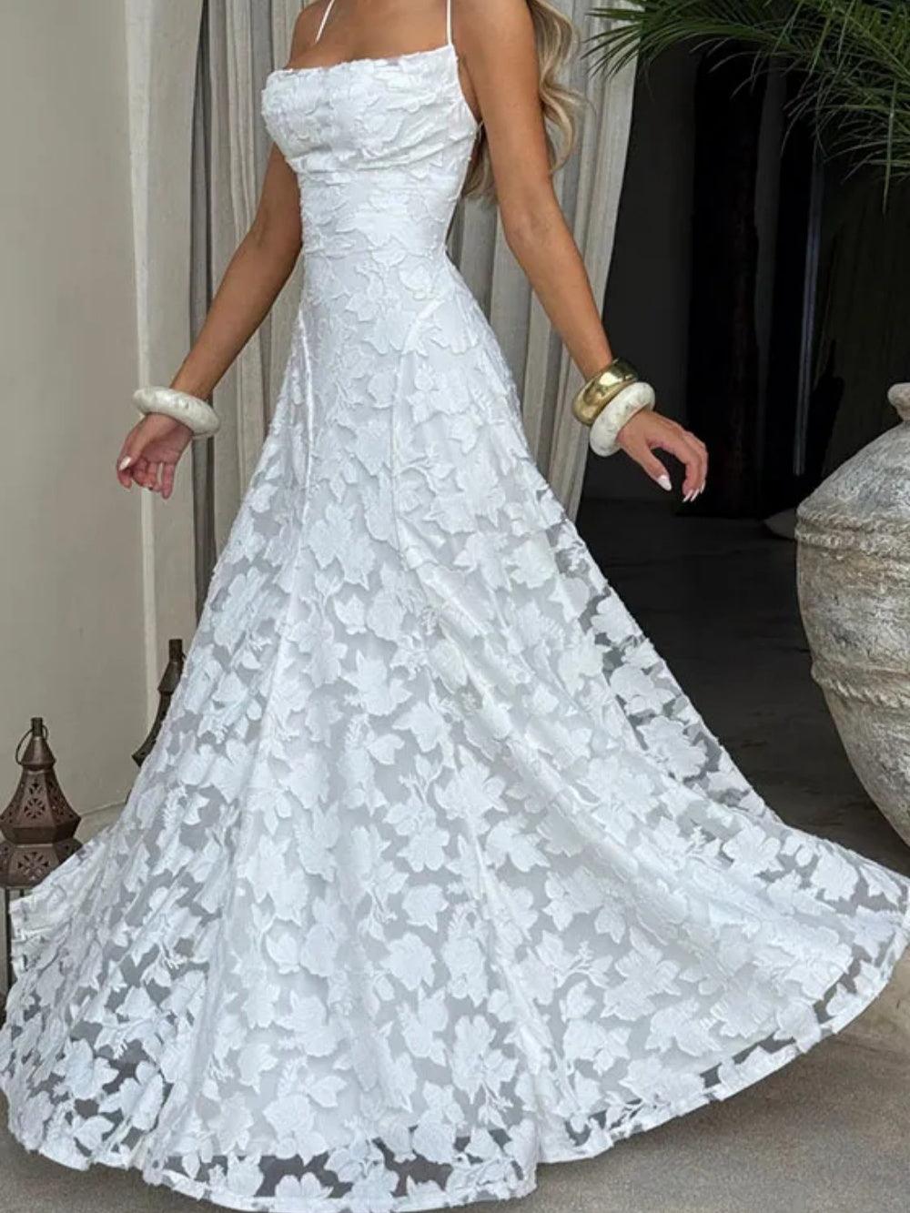 Elegant White Lace Long Dress with Spaghetti Straps