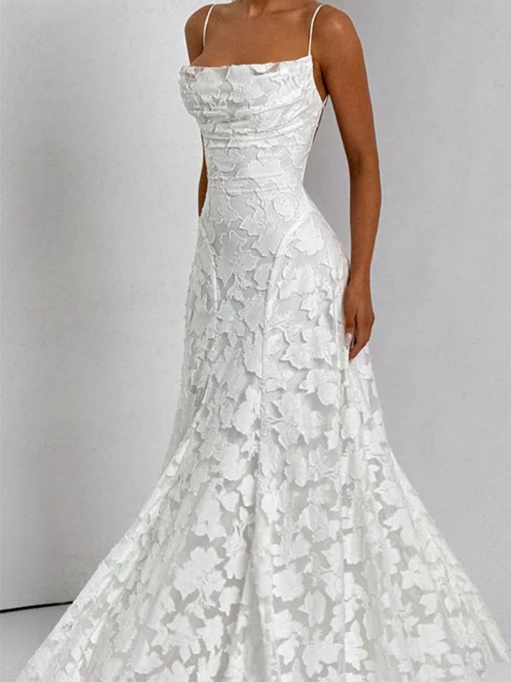 Elegant White Lace Long Dress with Spaghetti Straps