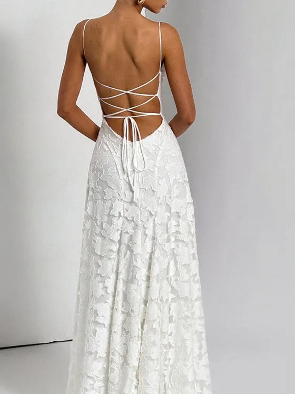 Elegant White Lace Long Dress with Spaghetti Straps