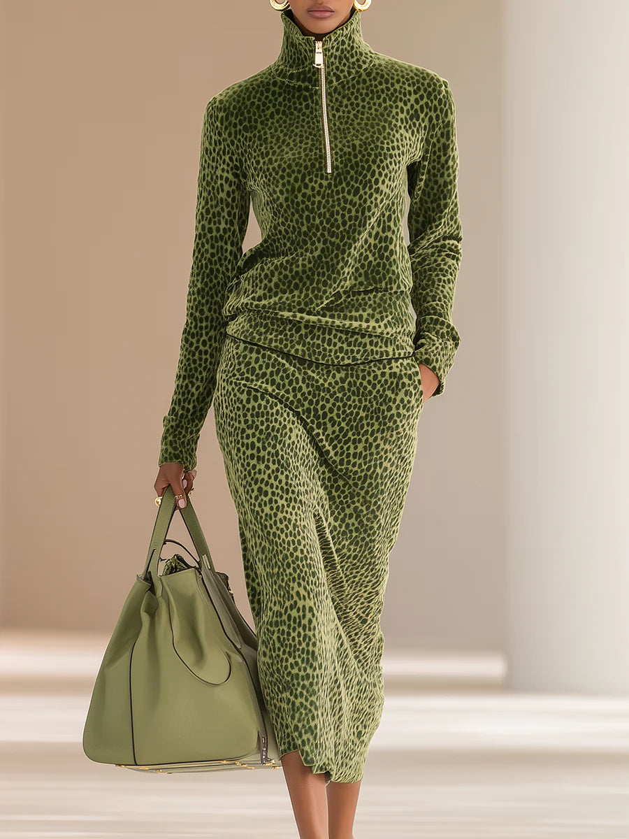 Chic Retro Leopard Print Stand-Collar Top & Skirt Set