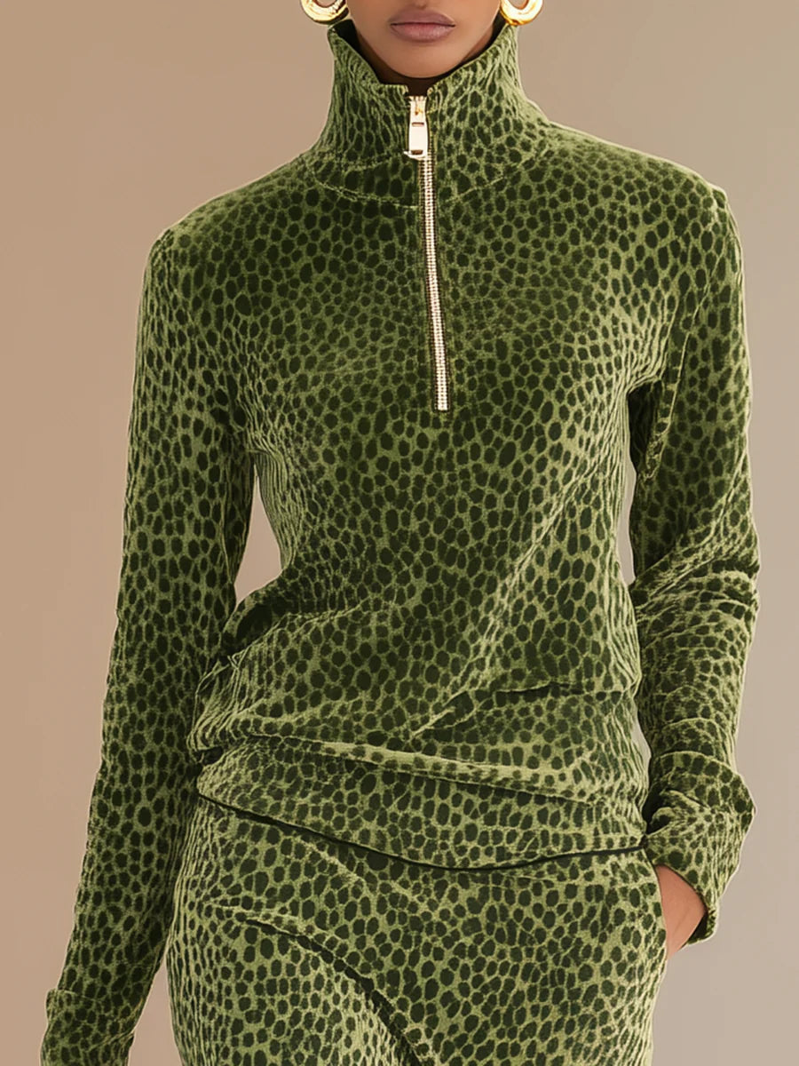 Chic Retro Leopard Print Stand-Collar Top & Skirt Set