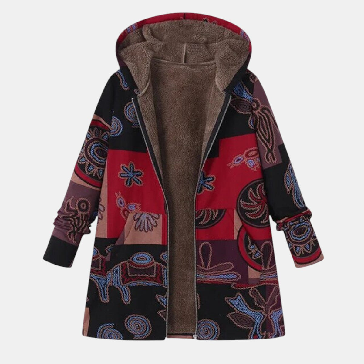 Marina Boho Abstract Patchwork Hoodie Coat – Cozy, Stylish Outerwear