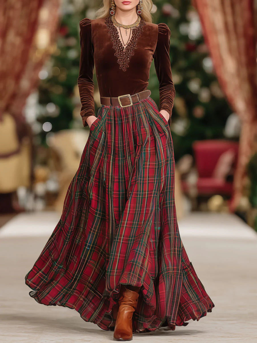 Chic V-Neck Lace Long-Sleeve Top & Red Plaid Skirt Set (Belt Included)