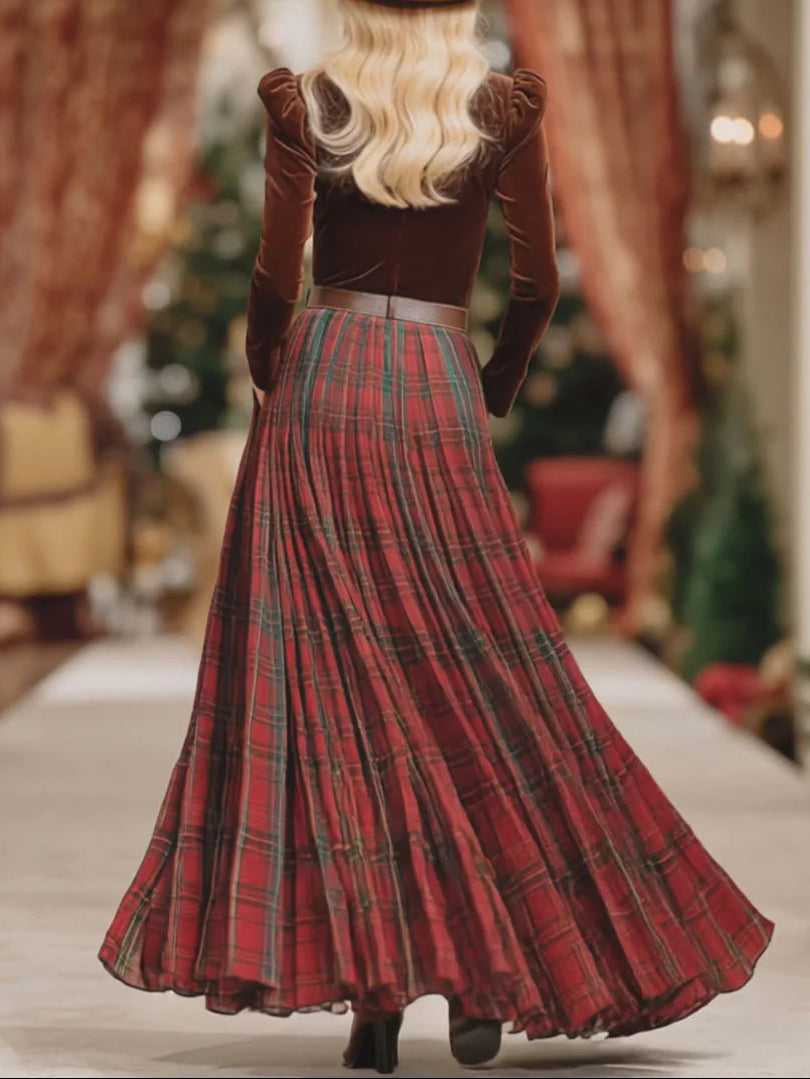 Chic V-Neck Lace Long-Sleeve Top & Red Plaid Skirt Set (Belt Included)