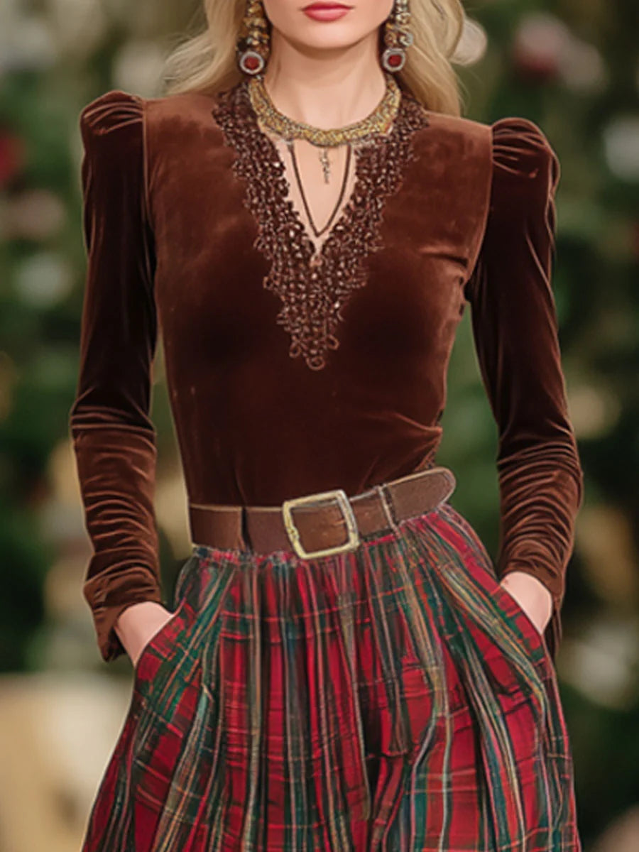 Chic V-Neck Lace Long-Sleeve Top & Red Plaid Skirt Set (Belt Included)