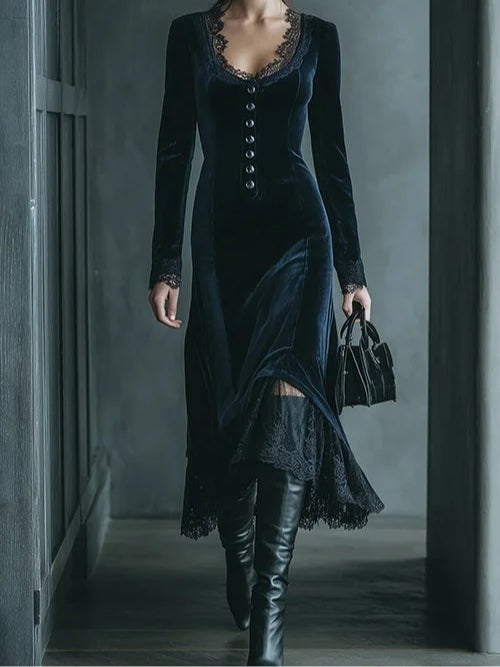 Velvet Midi Dress with V-Neckline and Lace Trim for an Elegant Style