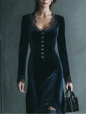 Velvet Midi Dress with V-Neckline and Lace Trim for an Elegant Style