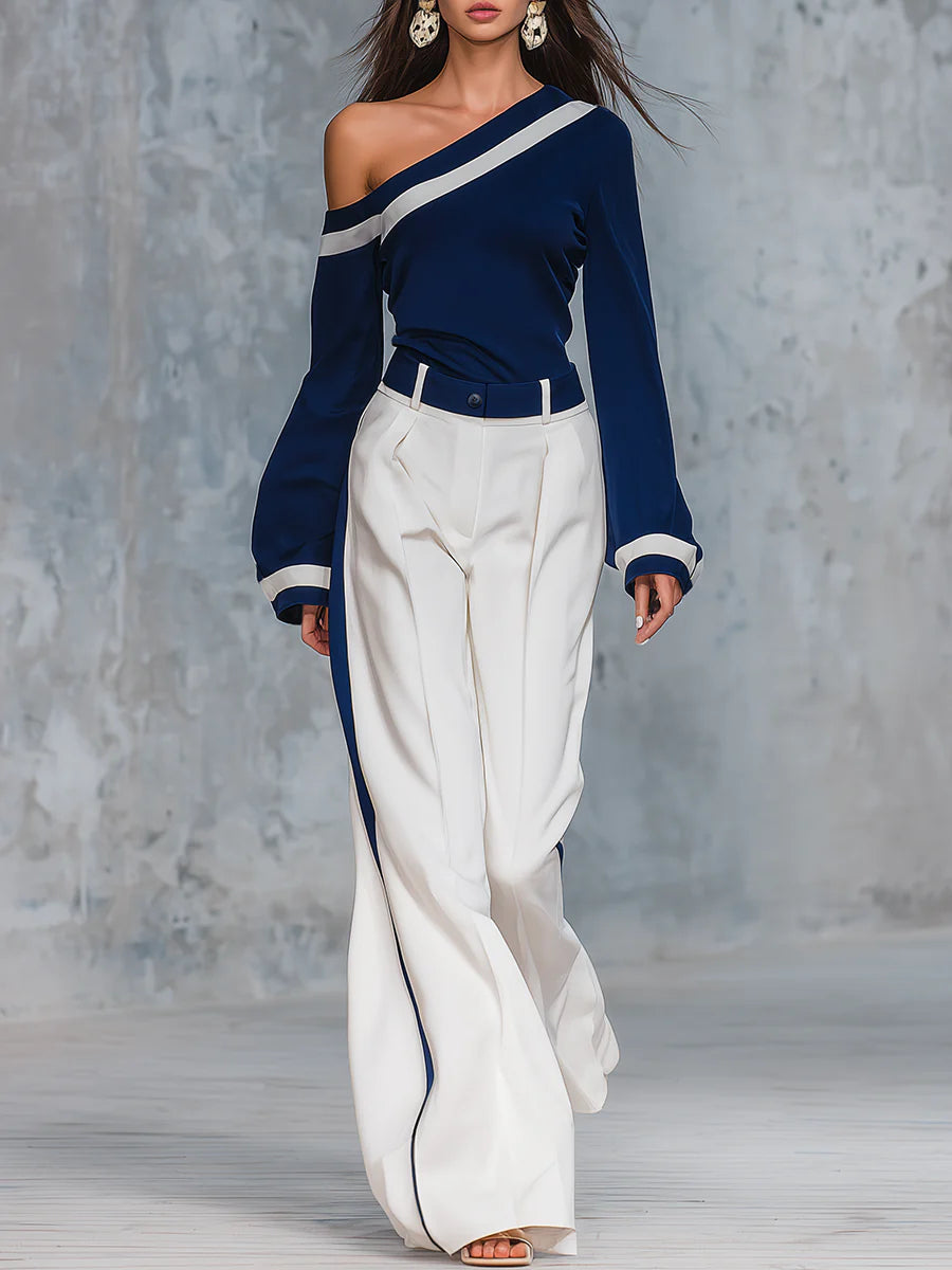 Vintage-Inspired One-Shoulder Top and Wide-Leg Pants Set